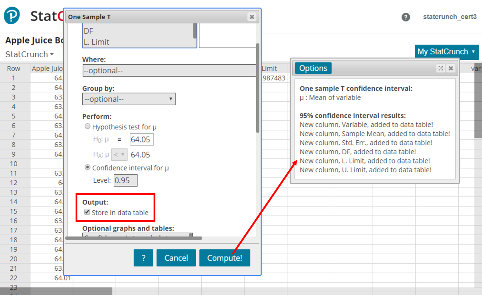 Hypothesis tests and confidence intervals for a mean with raw data